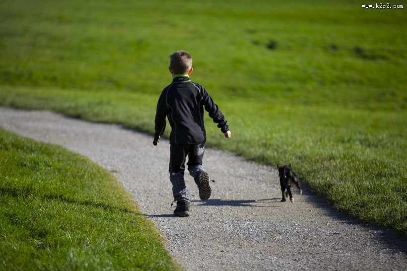 在草地上的孤独的小男孩图片