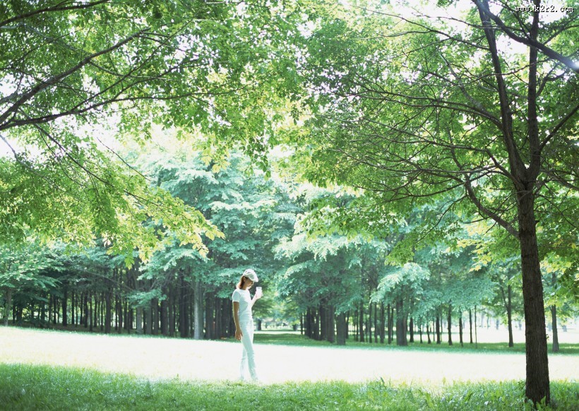女性和绿色森林图片大全