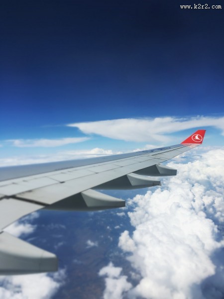 高空中的飞机机翼图片