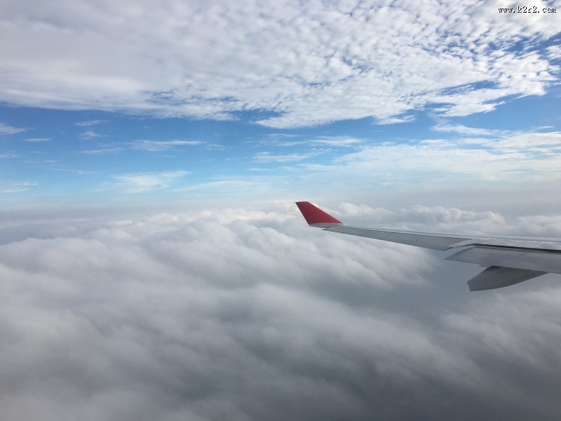 高空云层上的飞机机翼图片