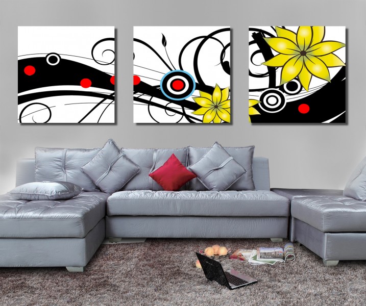 黄色花朵三联画挂画图片