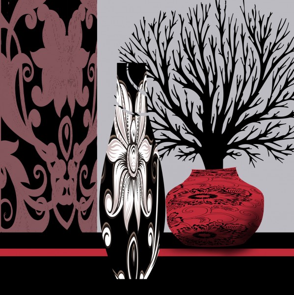 简约黑白红三联挂画图片