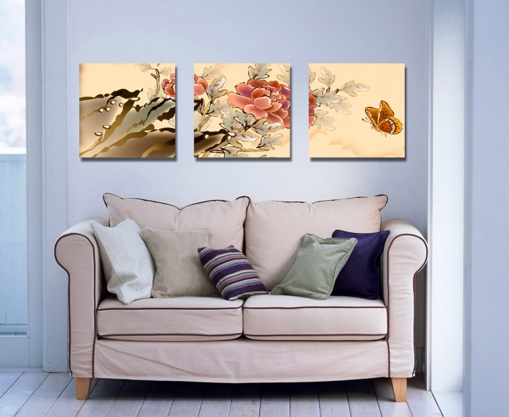 中国风牡丹三联挂画图片