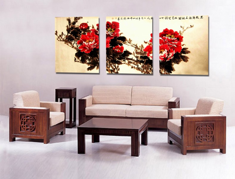 中国风牡丹三联挂画图片