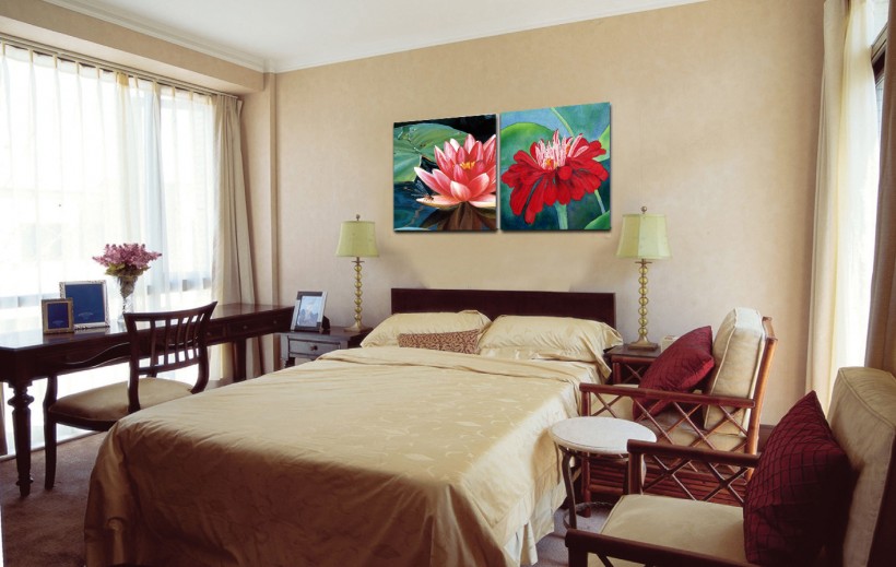 中国风荷花金鱼三联挂画图片