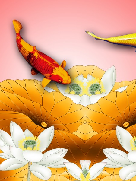 中国风荷花金鱼三联挂画图片