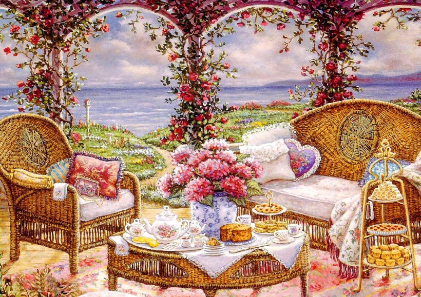 温馨家庭花园油画图片