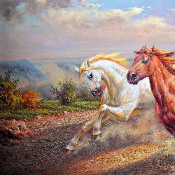 油画动物三联壁画高清图片