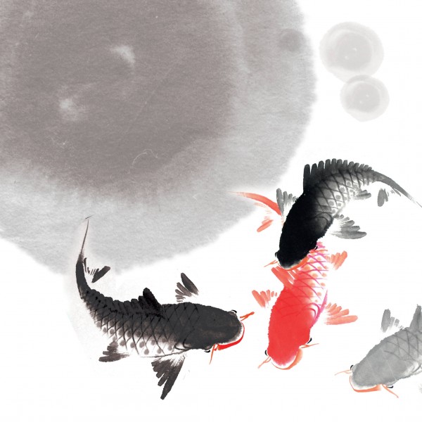 水墨花朵鱼三联画图片