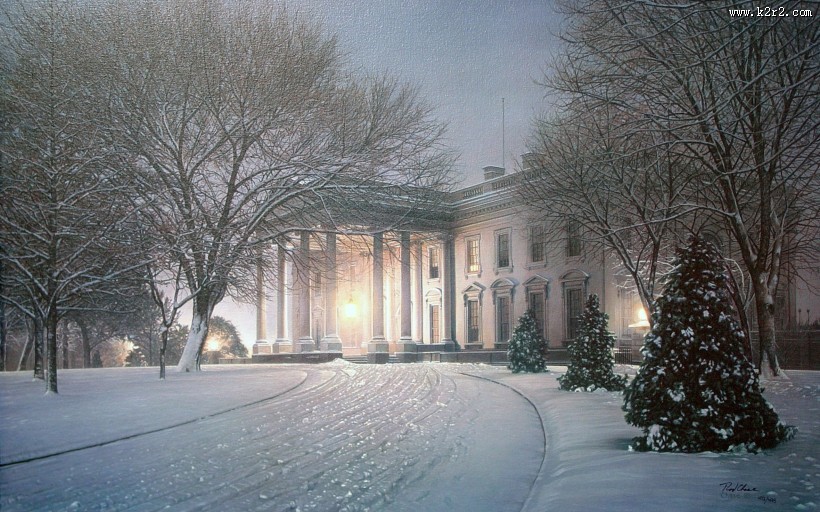 冬日雪景油画图片