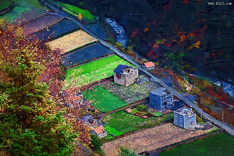 四川阿坝米亚罗风景油画效果图片大全