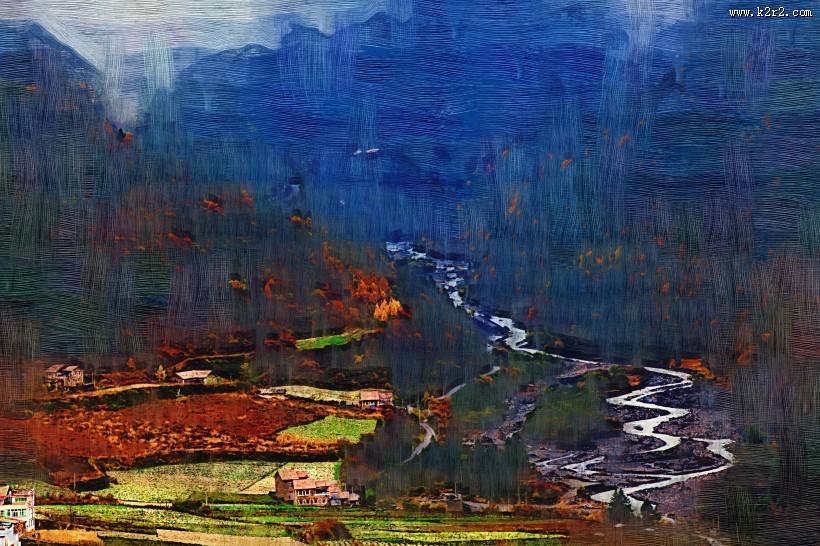 四川阿坝米亚罗风景油画效果图片大全