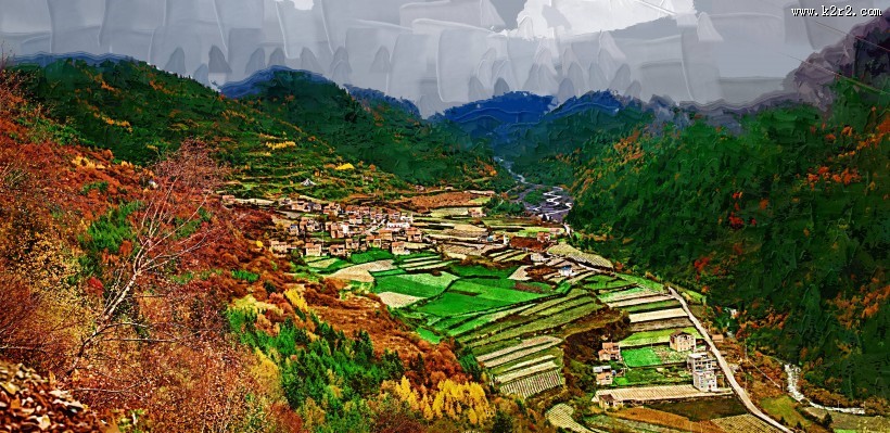 四川阿坝米亚罗风景油画效果图片大全