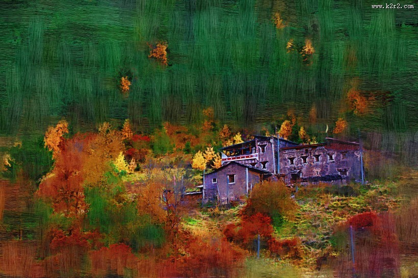 四川阿坝米亚罗风景油画效果图片大全