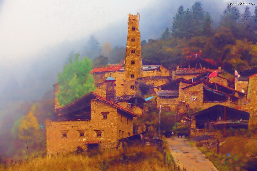 四川阿坝米亚罗风景油画效果图片大全