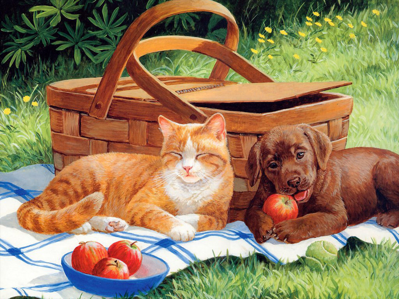 猫咪和它的小伙伴手绘图片