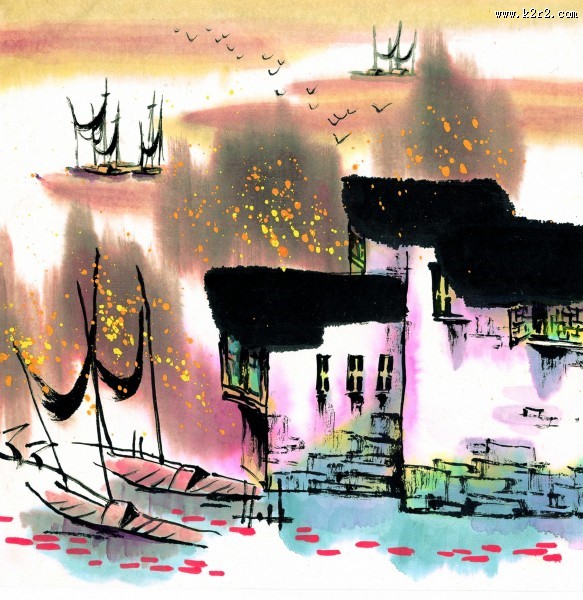 江南水乡秋天水墨图片