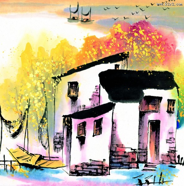 江南水乡秋天水墨图片