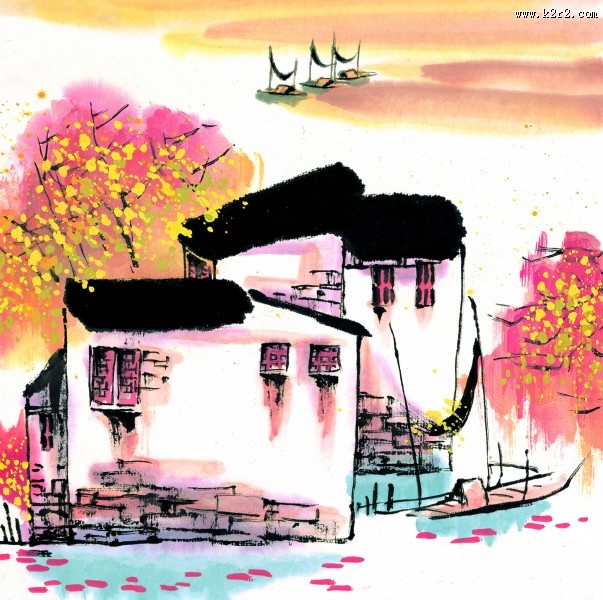 江南水乡秋天水墨图片