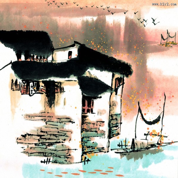 江南水乡秋天水墨图片