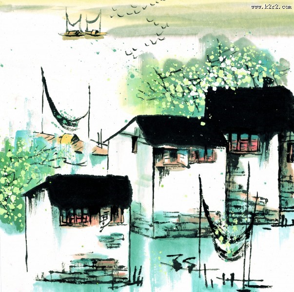 江南水乡冬天水墨图片