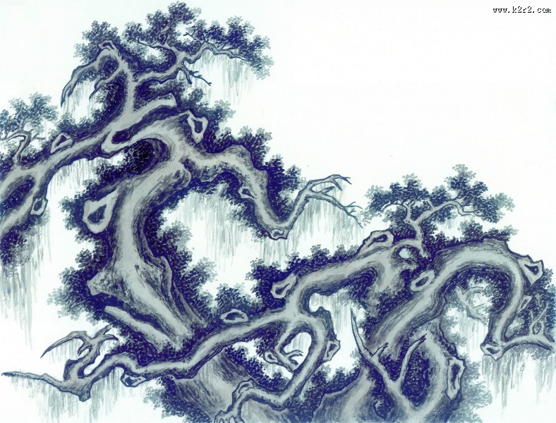 古树奇石水墨图片