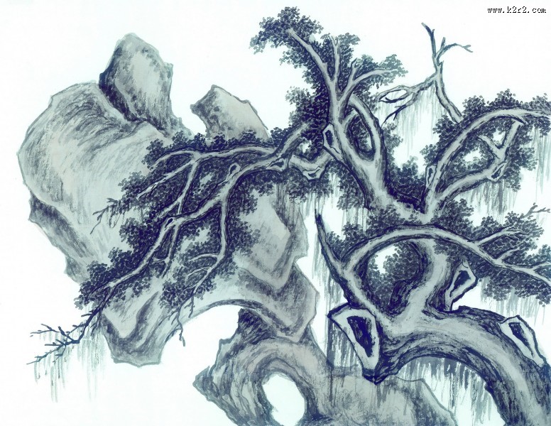 古树奇石水墨图片