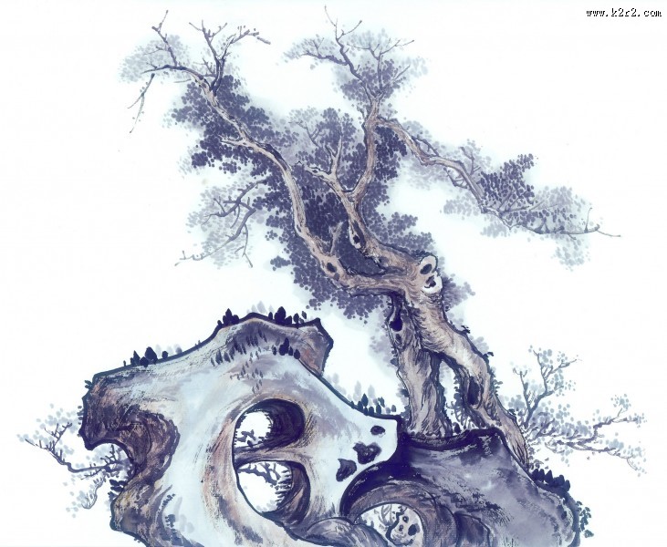 古树奇石水墨图片