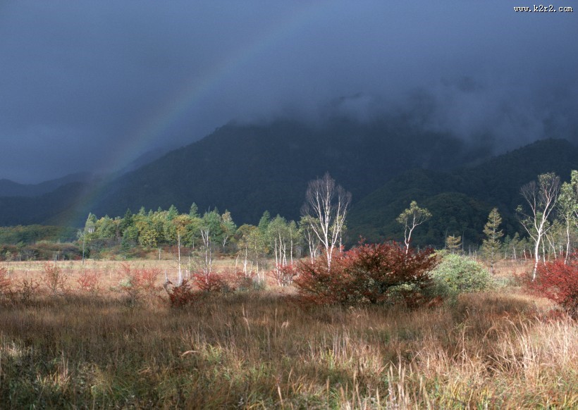 秋季红叶和湖水图片