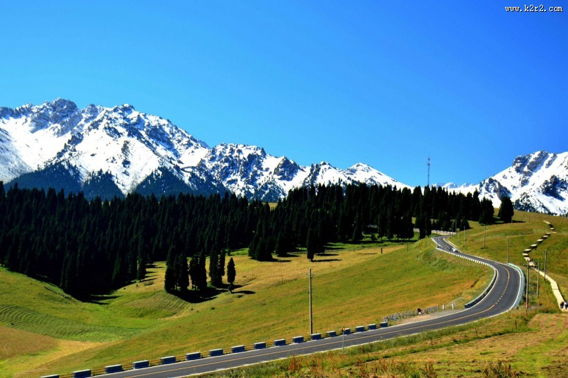 雪山下的金色麦田图片