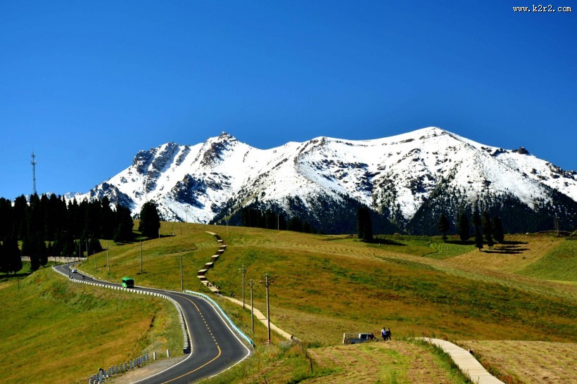 雪山下的金色麦田图片