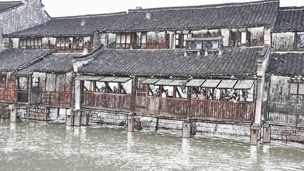 手绘乌镇彩笔画图片