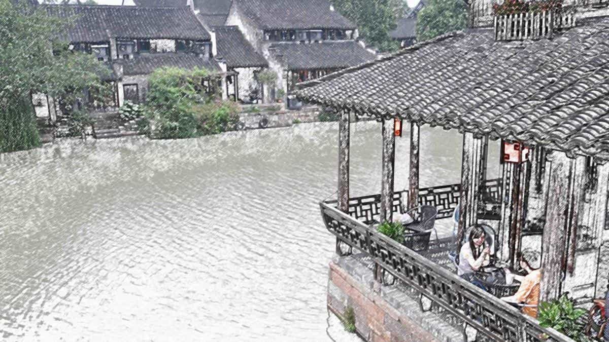 手绘乌镇彩笔画图片