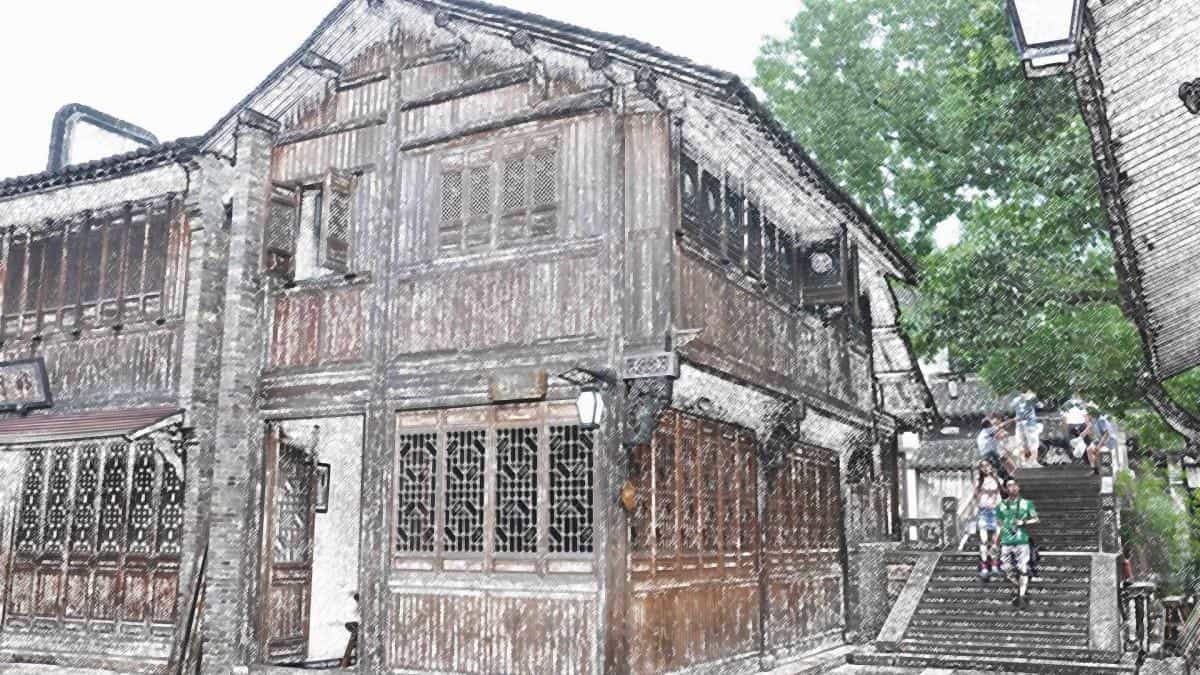 手绘乌镇彩笔画图片