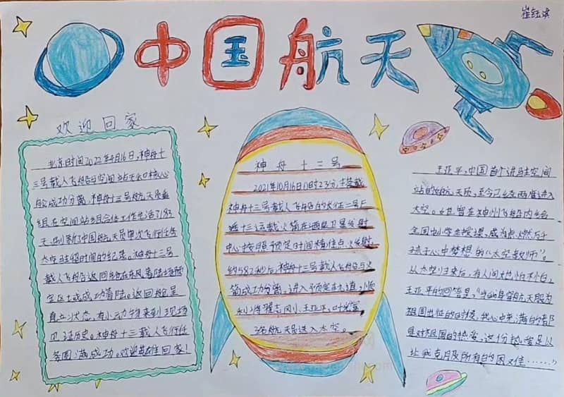 中国航天科技”神州十三号“手抄报绘画图片 9张科学科技手抄报