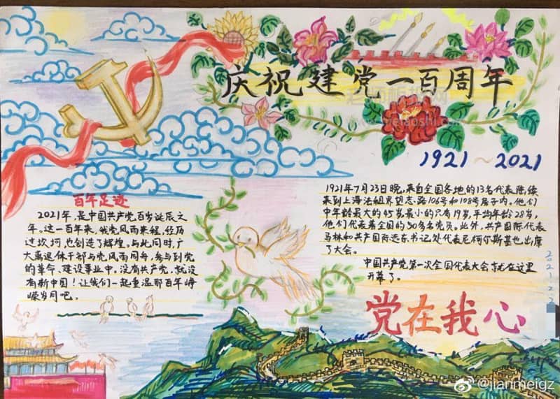 庆祝建党一百周年手抄报图片 党在我心 12张建党节手抄报